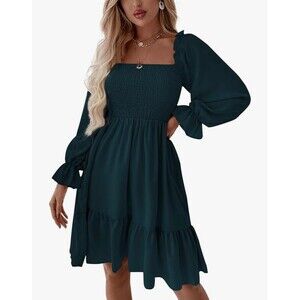 LYANER Women's XS Square Neck Dress Long Sleeve Ruffle Shirred Flowy Party Mini